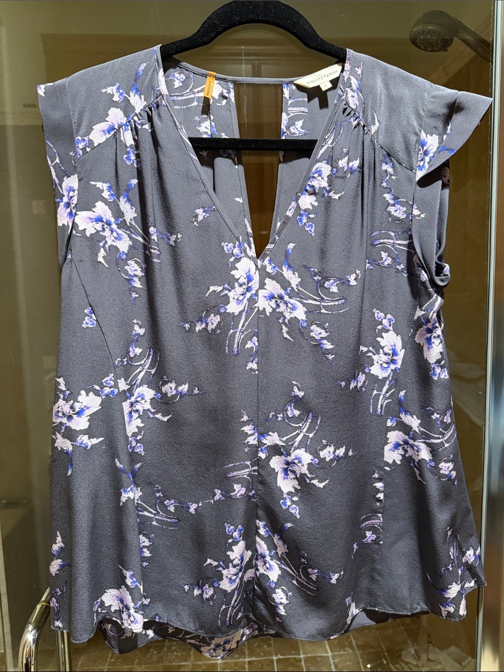 Rebecca Taylor Gray Floral V-Neck Cap Sleeve Blouse